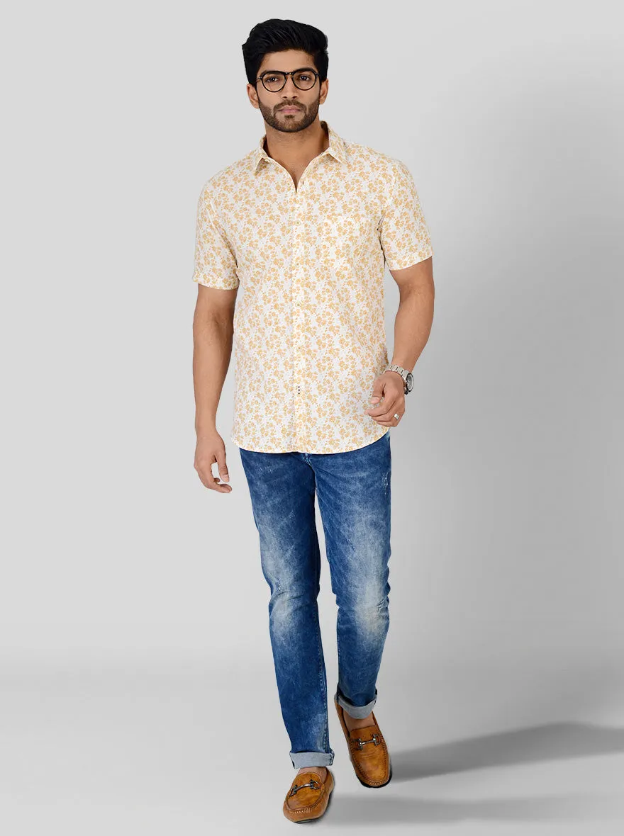 Custard Yellow & White Printed Slim Fit Casual Shirt | JadeBlue