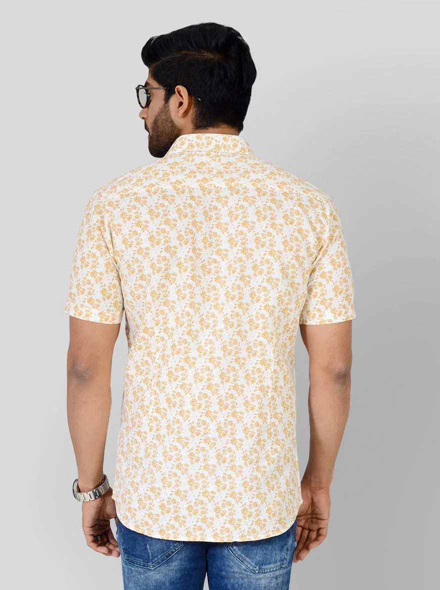 Custard Yellow & White Printed Slim Fit Casual Shirt | JadeBlue