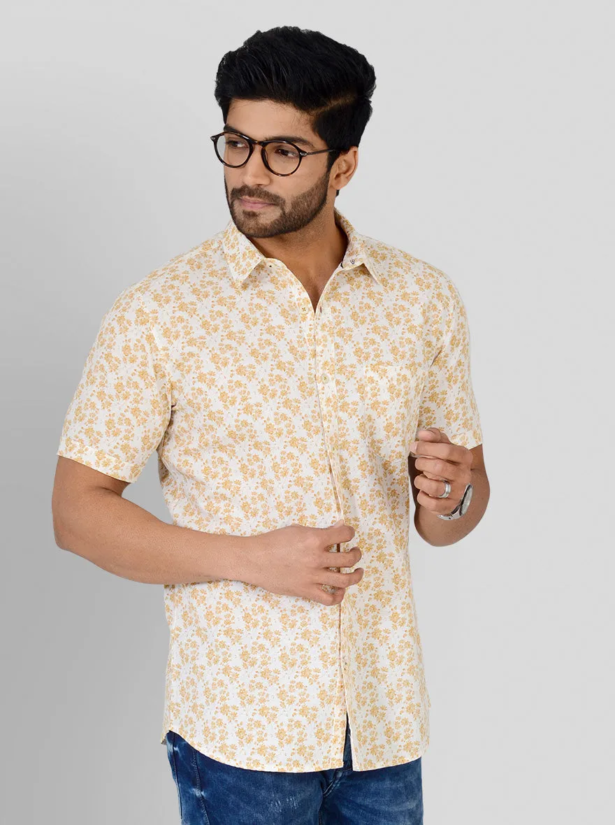 Custard Yellow & White Printed Slim Fit Casual Shirt | JadeBlue