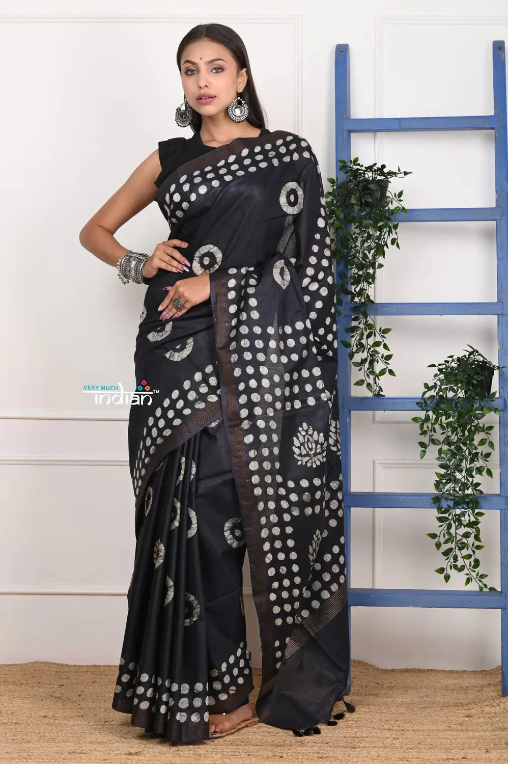 EXCLUSIVE! HandmadeTie and Dye Cotton Black Saree By Women Weavers