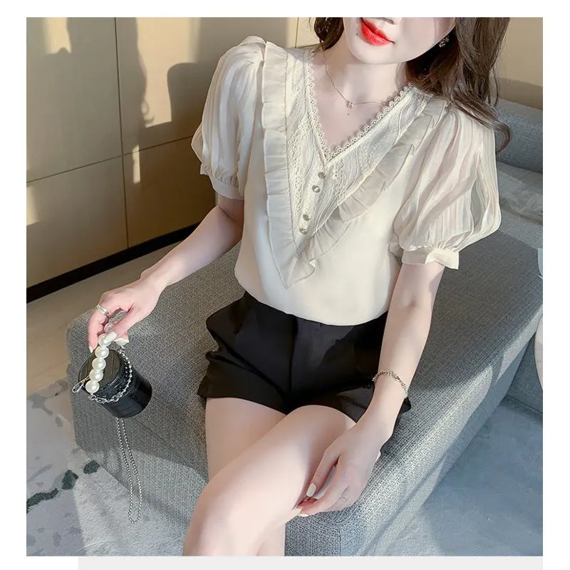 Fairy Bubble Sleeve V-Neck Chiffon Blouse