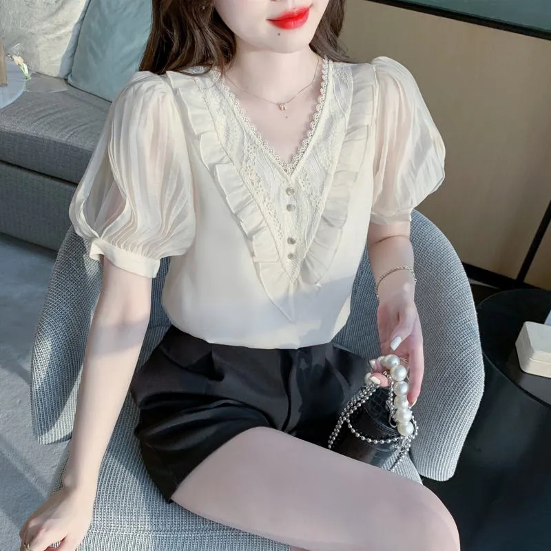 Fairy Bubble Sleeve V-Neck Chiffon Blouse