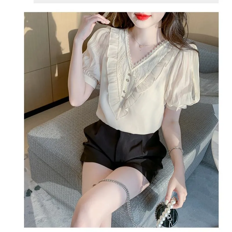 Fairy Bubble Sleeve V-Neck Chiffon Blouse