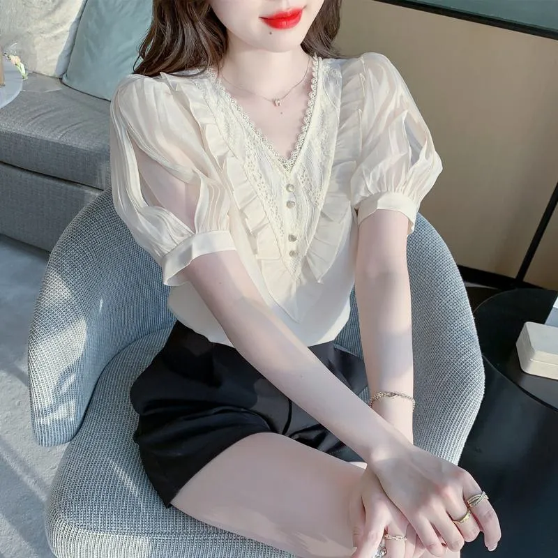 Fairy Bubble Sleeve V-Neck Chiffon Blouse