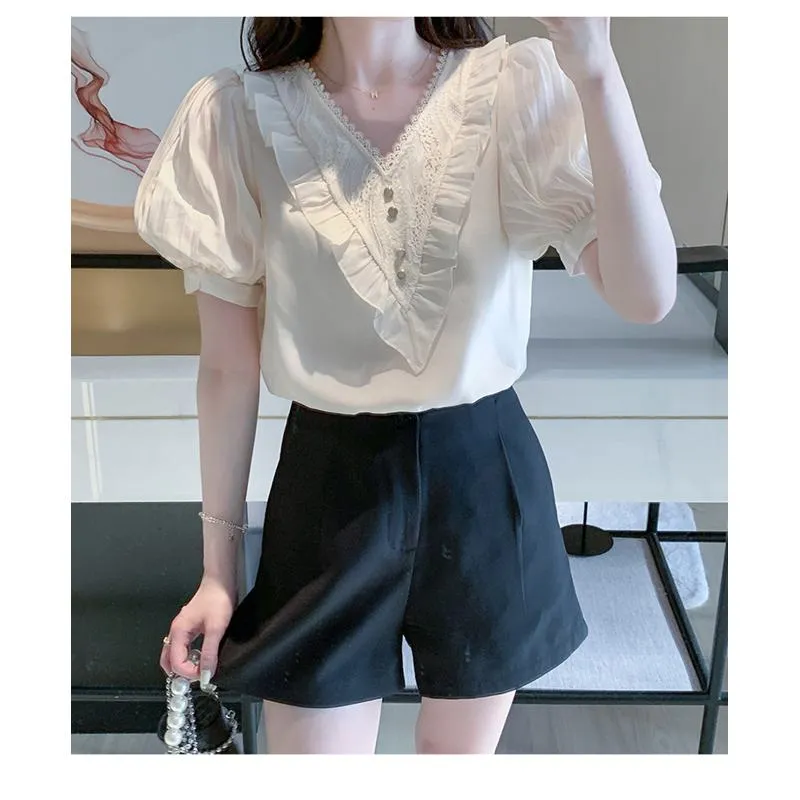 Fairy Bubble Sleeve V-Neck Chiffon Blouse