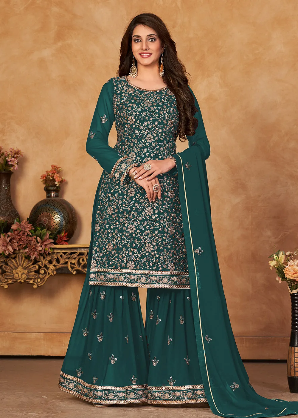 Fantastic Rama Green Embroidered Ceremonial Gharara Suit