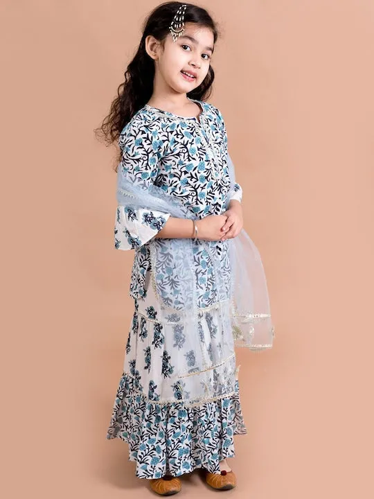 Girls Blue Floral Printed Gotta Patti Pure Cotton Kurti With Sharara Dupatta