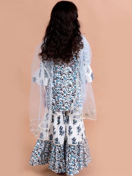 Girls Blue Floral Printed Gotta Patti Pure Cotton Kurti With Sharara Dupatta