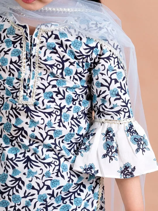 Girls Blue Floral Printed Gotta Patti Pure Cotton Kurti With Sharara Dupatta