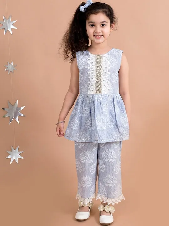 Girls Blue Floral Printed Pleated Pure Cotton Kurti With Trousers With Dupatta