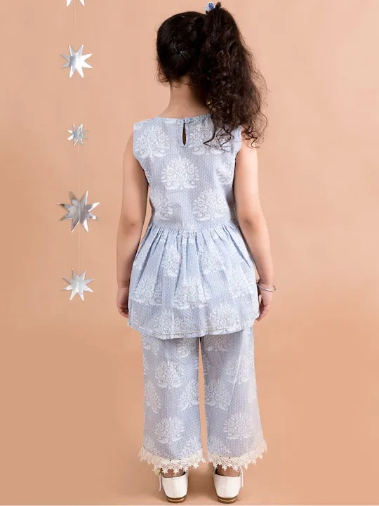 Girls Blue Floral Printed Pleated Pure Cotton Kurti With Trousers With Dupatta