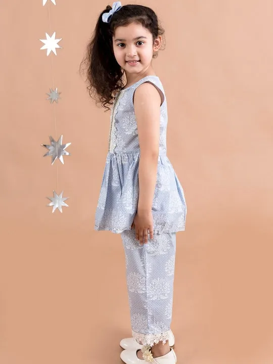 Girls Blue Floral Printed Pleated Pure Cotton Kurti With Trousers With Dupatta
