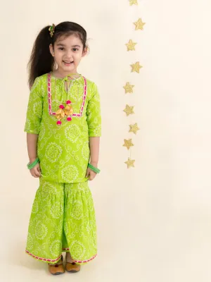 Girls Green Pink Bandhani Embroidered Pure Cotton Kurta With Sharara Dupatta