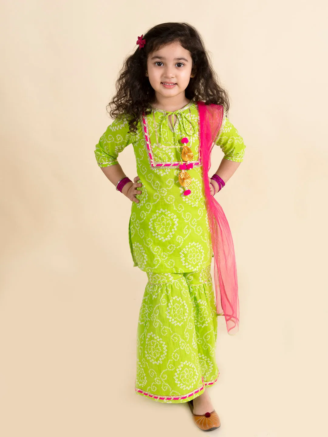 Girls Green Pink Bandhani Embroidered Pure Cotton Kurta With Sharara Dupatta