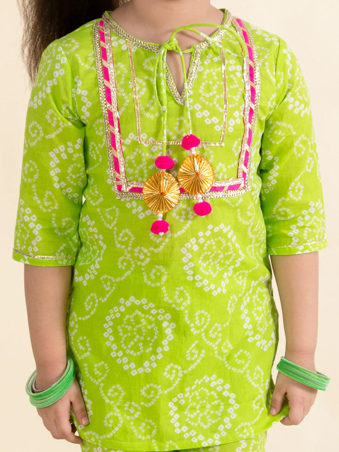 Girls Green Pink Bandhani Embroidered Pure Cotton Kurta With Sharara Dupatta
