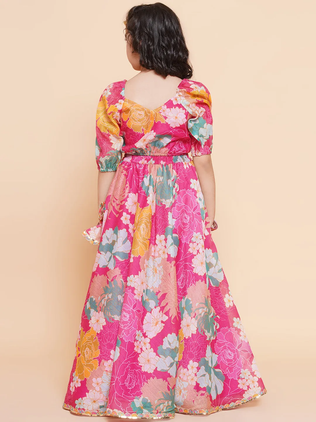 Girls Pink Flower Digital Multi Print Lace Work Choli With Ready To Wear Lehenga.