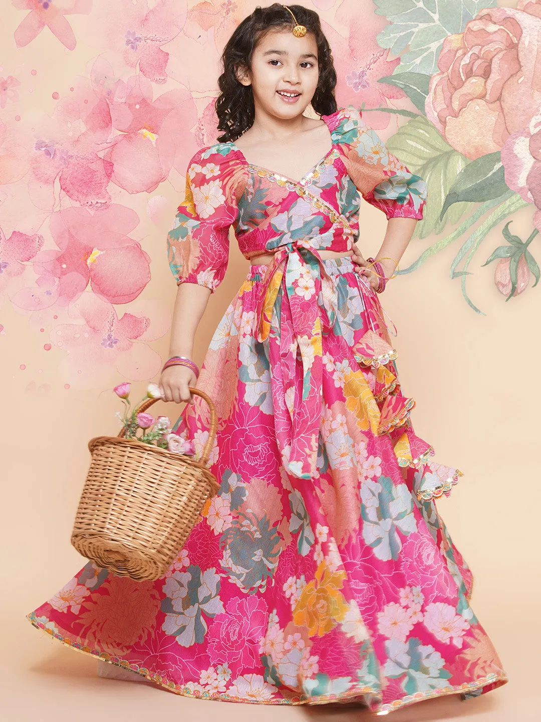 Girls Pink Flower Digital Multi Print Lace Work Choli With Ready To Wear Lehenga.