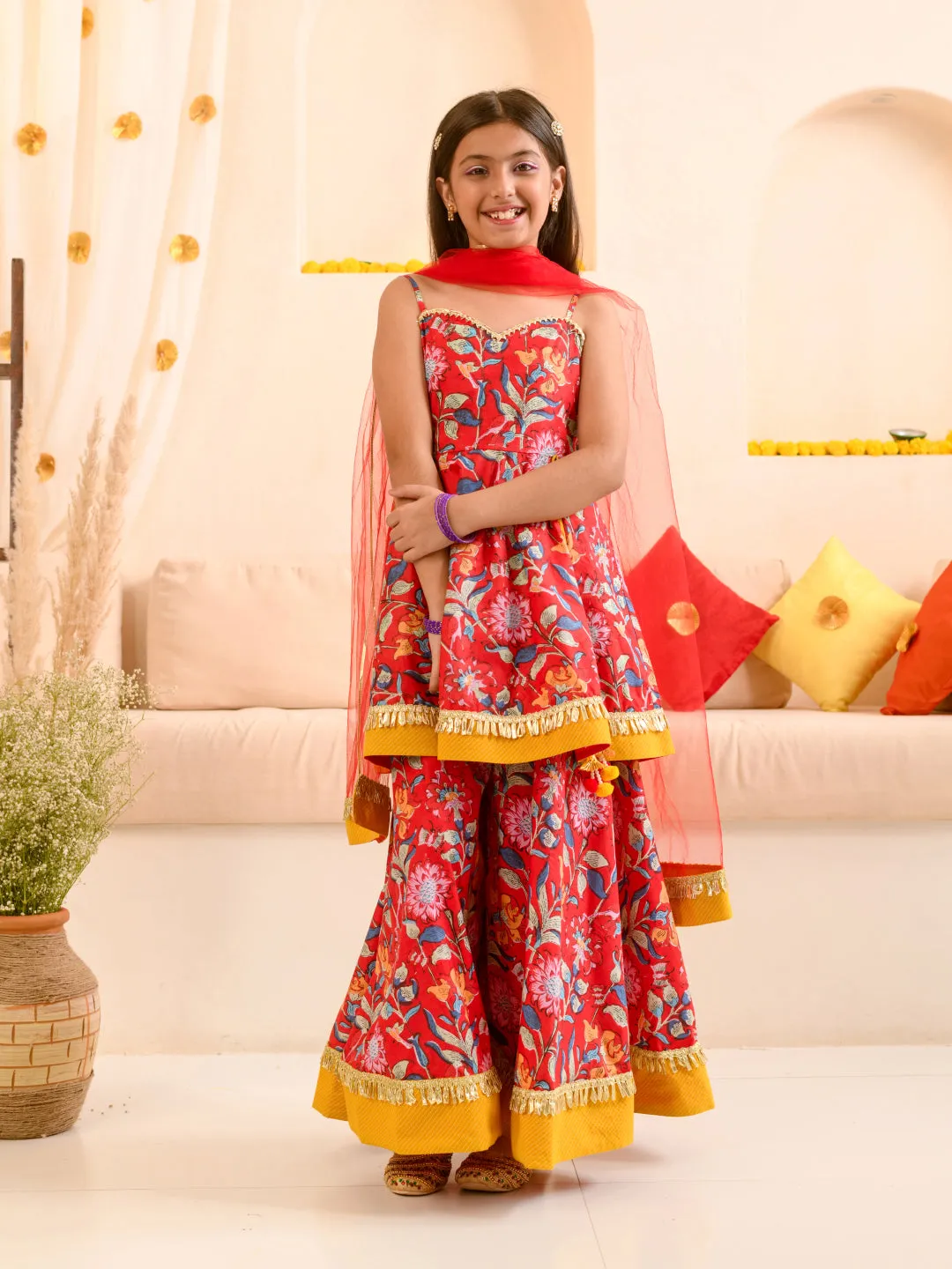 Girls Red Floral Printed Pure Cotton A-Line Kurta With Palazzos Dupatta