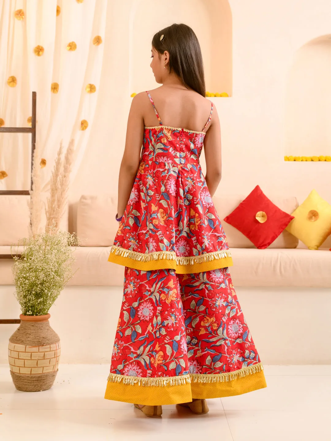 Girls Red Floral Printed Pure Cotton A-Line Kurta With Palazzos Dupatta