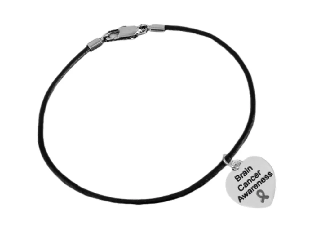 Gray Ribbon Brain Cancer Awareness Heart Leather Cord Bracelets