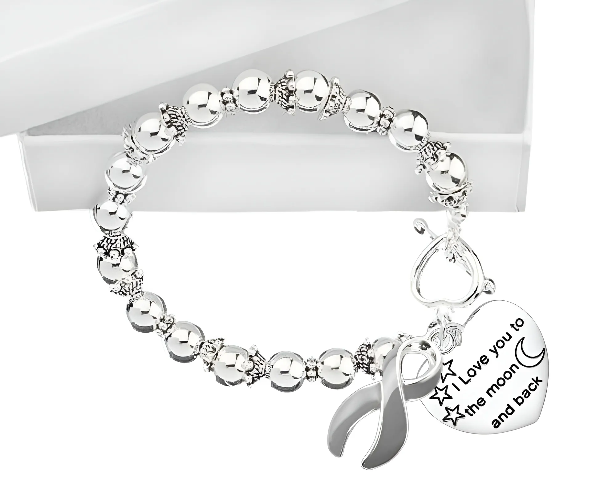 Gray Ribbon Love You To The Moon and Back Silver Beaded Bracelets