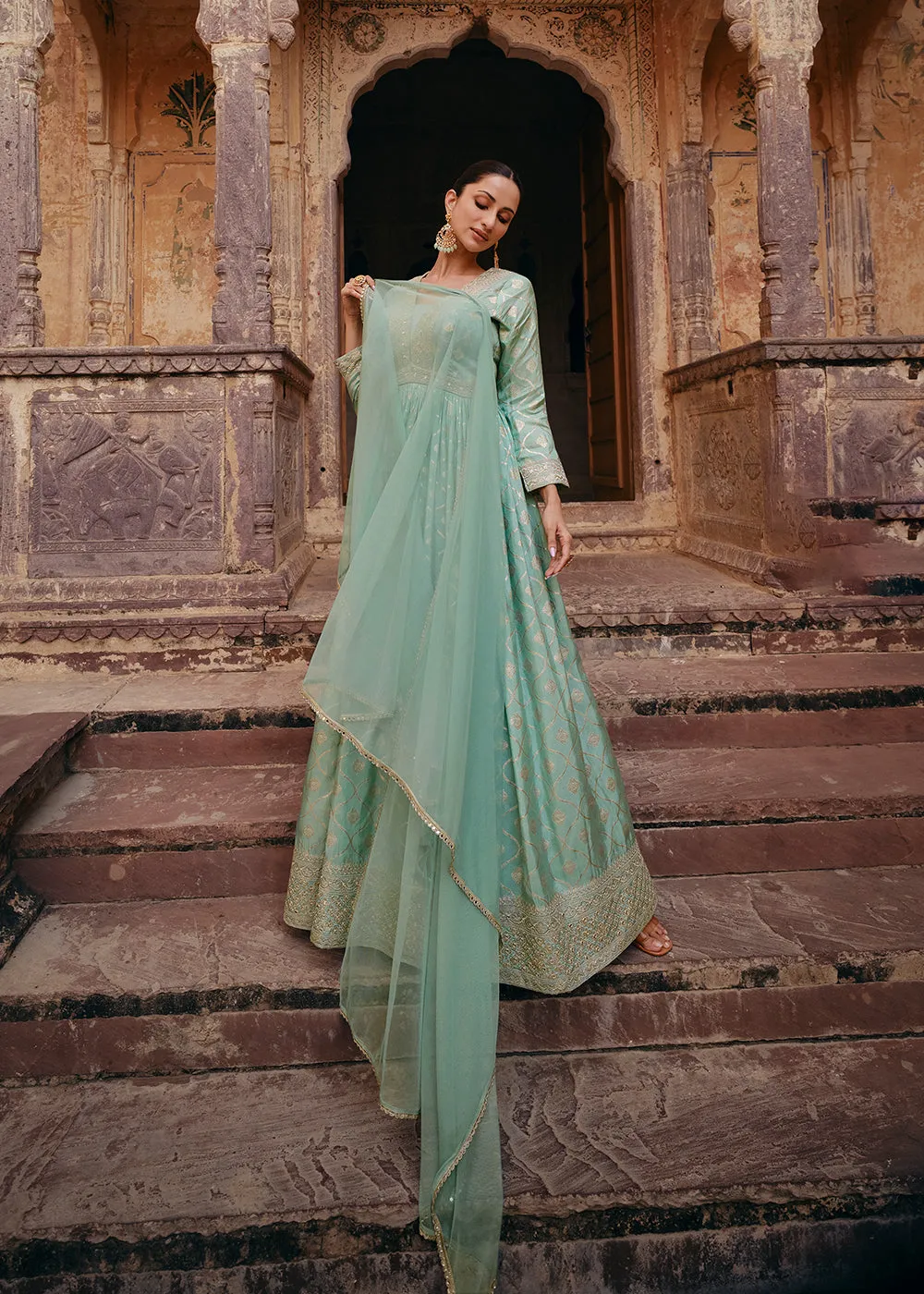 Green Pure Viscose Jacquard Silk Embroidered Designer Anarkali Suit