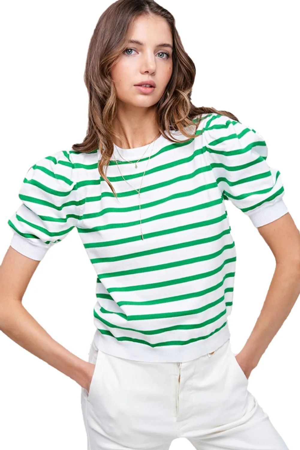 Green Stripe Puff Short Sleeve Contrast Trim T Shirt