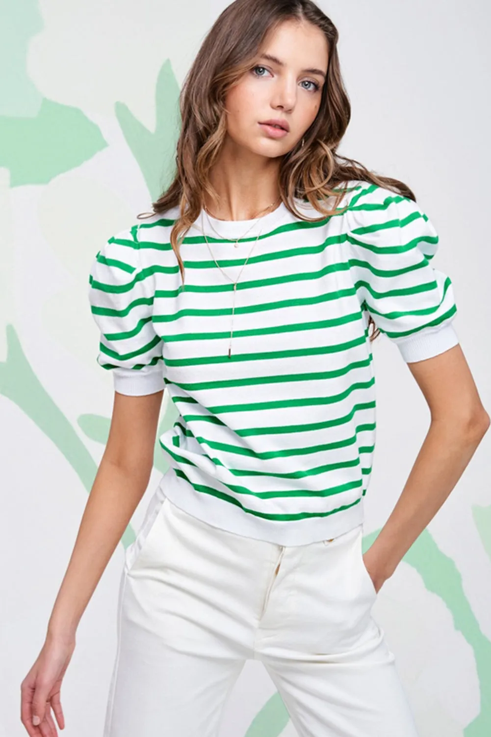 Green Stripe Puff Short Sleeve Contrast Trim T Shirt