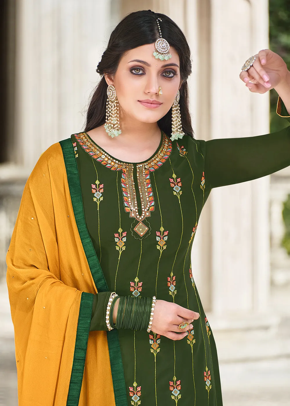 Green Traditional Style Georgette Designer Palazzo Suit