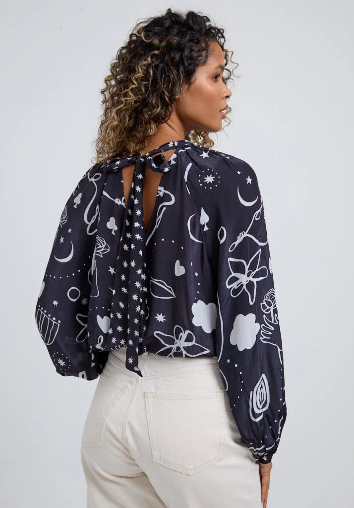 Helena Bow Detail Spellbound Print Blouse In Black