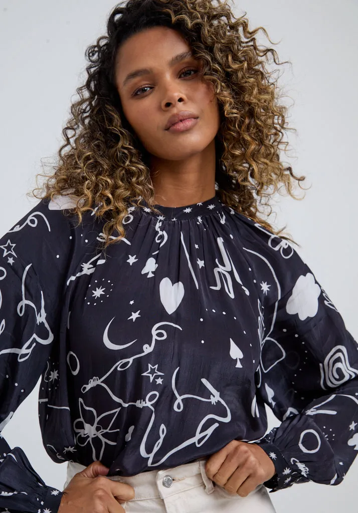 Helena Bow Detail Spellbound Print Blouse In Black