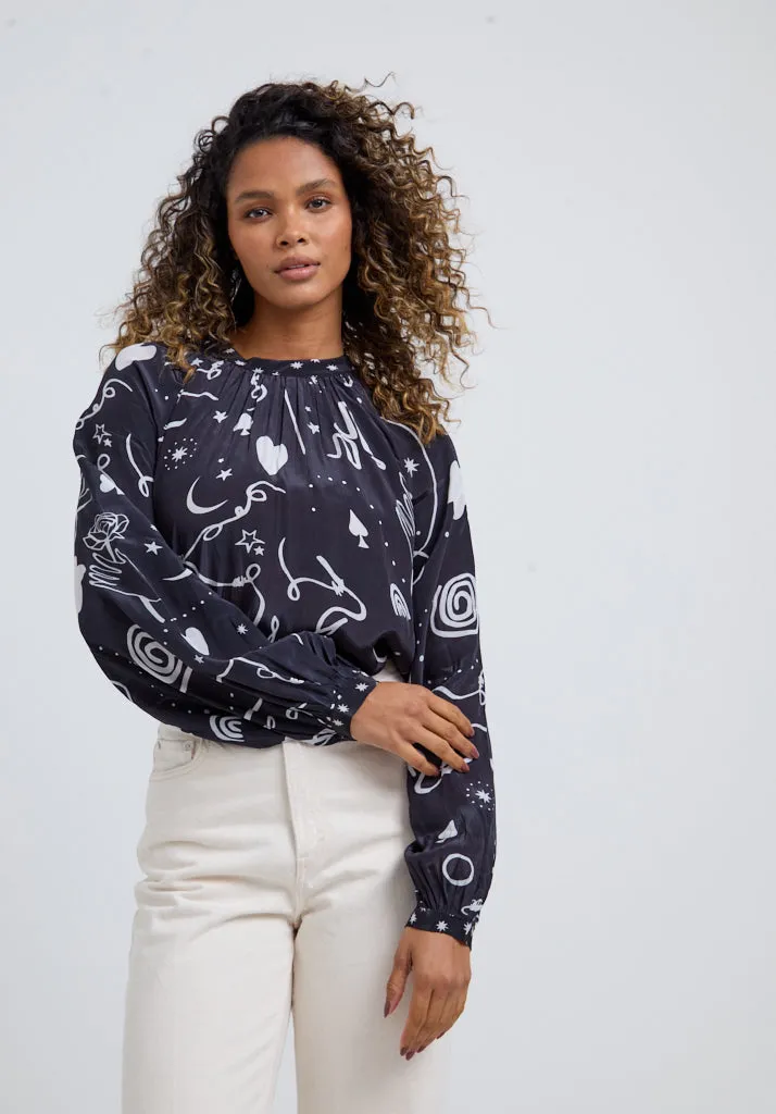 Helena Bow Detail Spellbound Print Blouse In Black