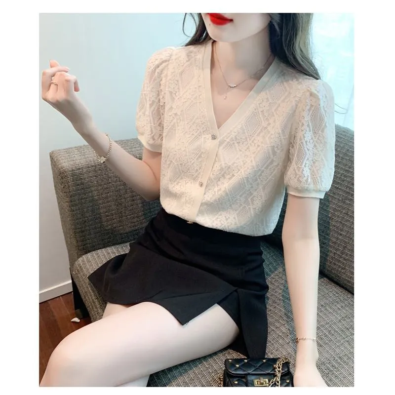 Hollowed-Out Lace Blouse