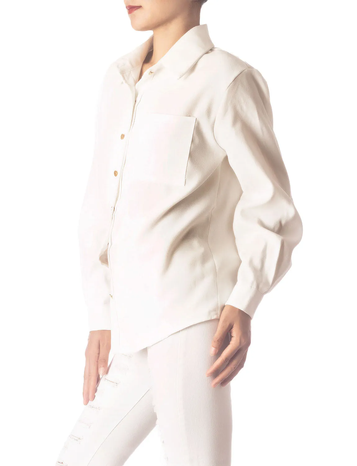 iB-iP Women's Cozy Relaxed Retro White Cuffed Long Sleeve Shirt