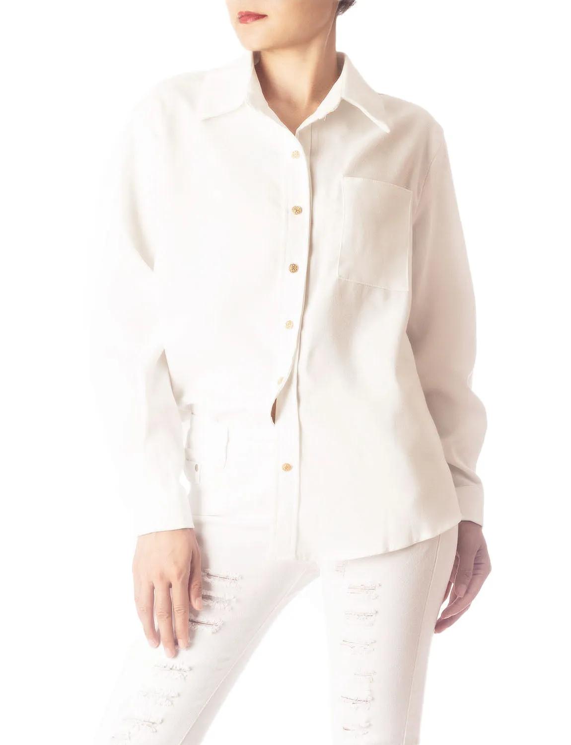 iB-iP Women's Cozy Relaxed Retro White Cuffed Long Sleeve Shirt