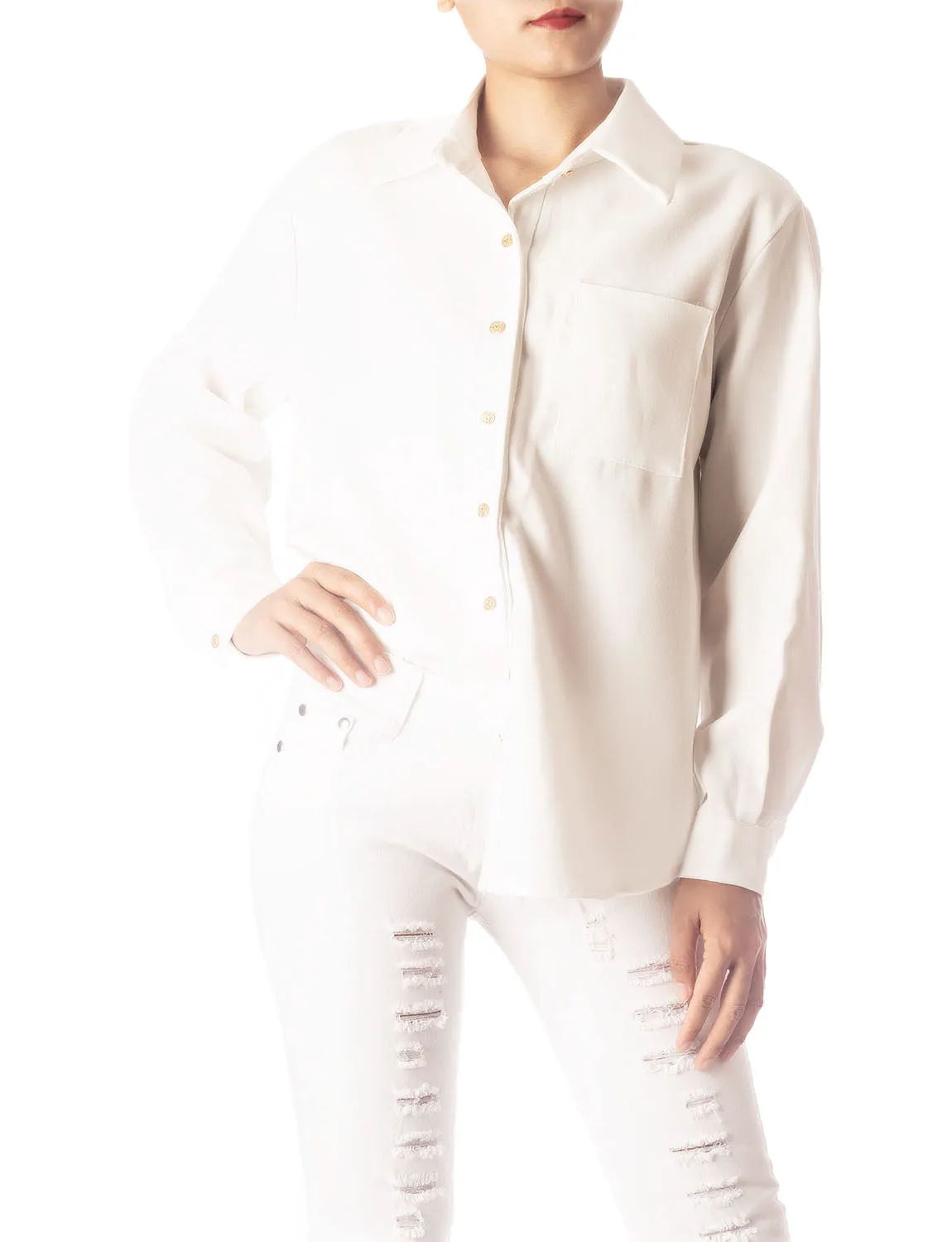 iB-iP Women's Cozy Relaxed Retro White Cuffed Long Sleeve Shirt