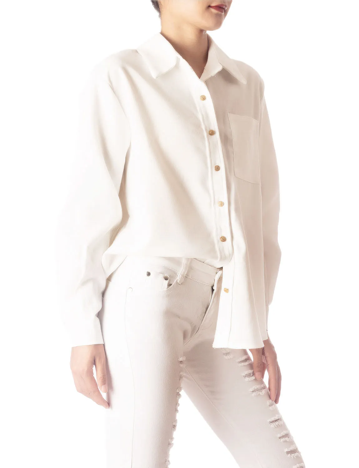 iB-iP Women's Cozy Relaxed Retro White Cuffed Long Sleeve Shirt