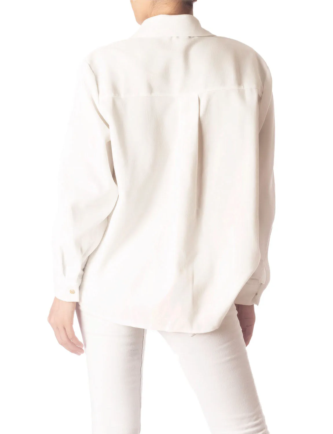 iB-iP Women's Cozy Relaxed Retro White Cuffed Long Sleeve Shirt