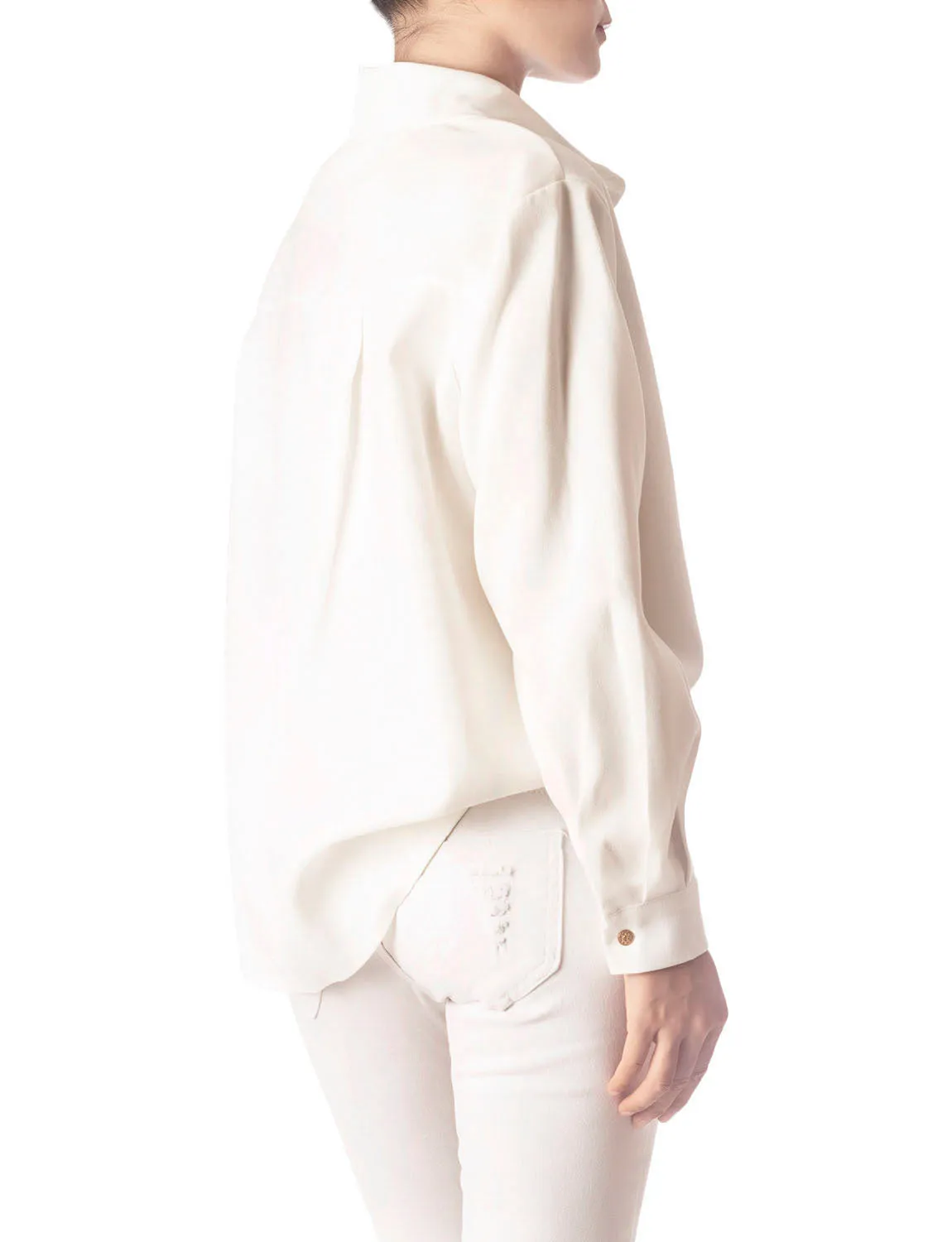 iB-iP Women's Cozy Relaxed Retro White Cuffed Long Sleeve Shirt