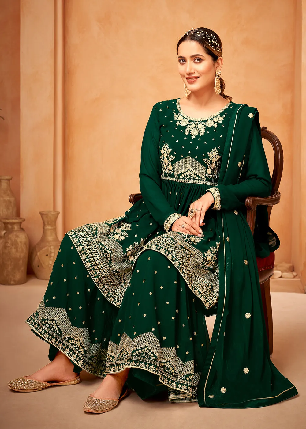 Imperial Dark Green Embroidered Wedding Festive Gharara Suit