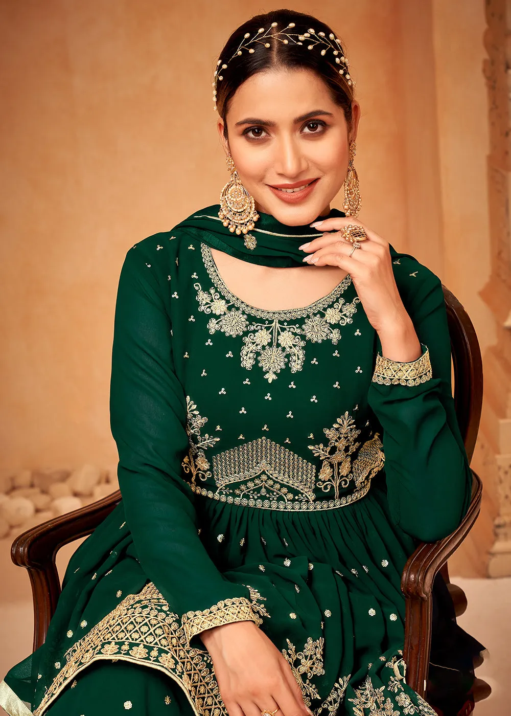 Imperial Dark Green Embroidered Wedding Festive Gharara Suit