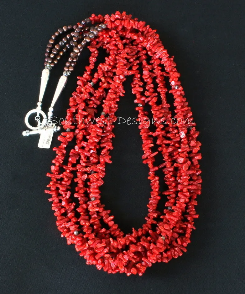 Italian Mediterranean Coral Cupolini 5-Strand Necklace with Fire Polished Glass, Bronze Nugget Pearls and Sterling Silver