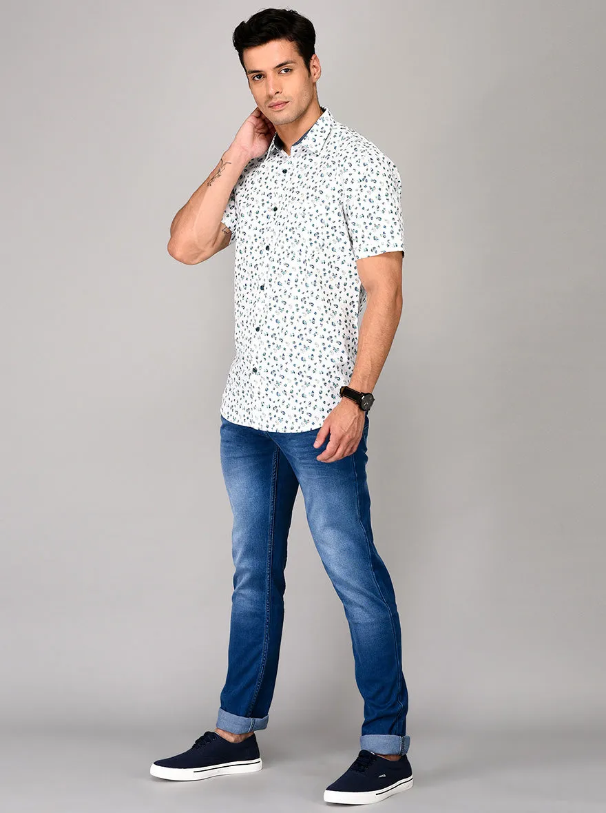 JadeBlue White & Blue Printed Slim Fit Casual Shirt | JadeBlue