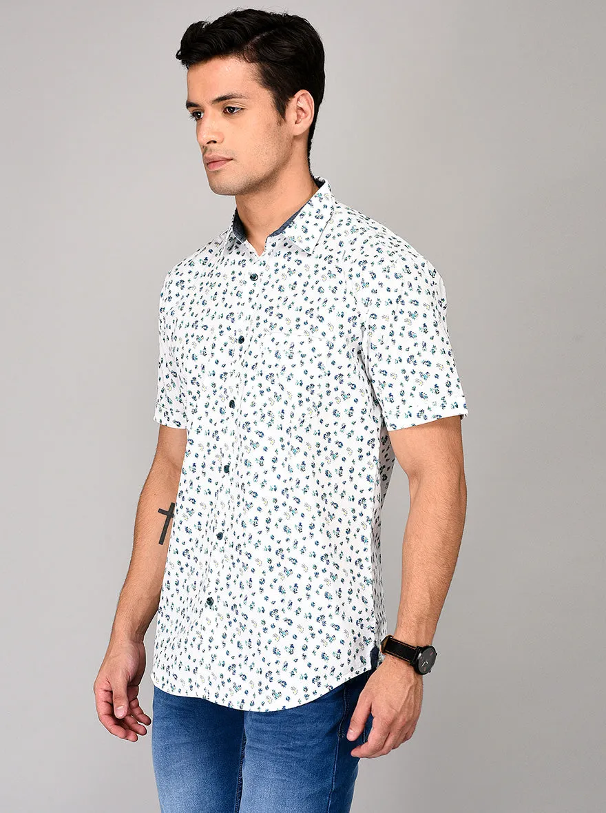 JadeBlue White & Blue Printed Slim Fit Casual Shirt | JadeBlue