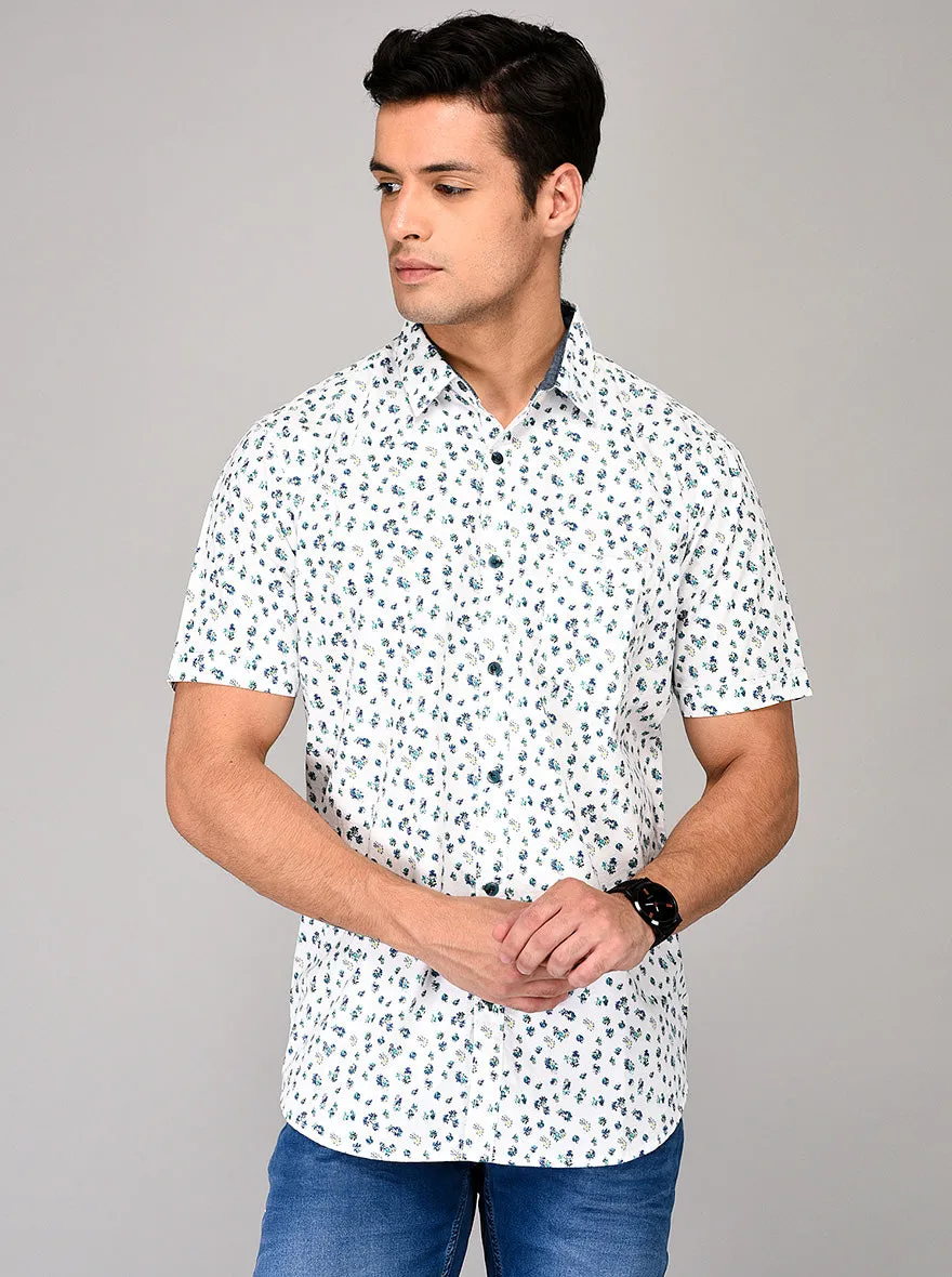 JadeBlue White & Blue Printed Slim Fit Casual Shirt | JadeBlue