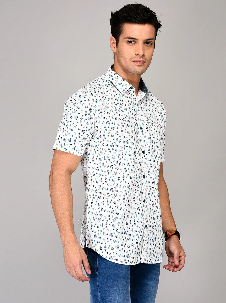 JadeBlue White & Blue Printed Slim Fit Casual Shirt | JadeBlue