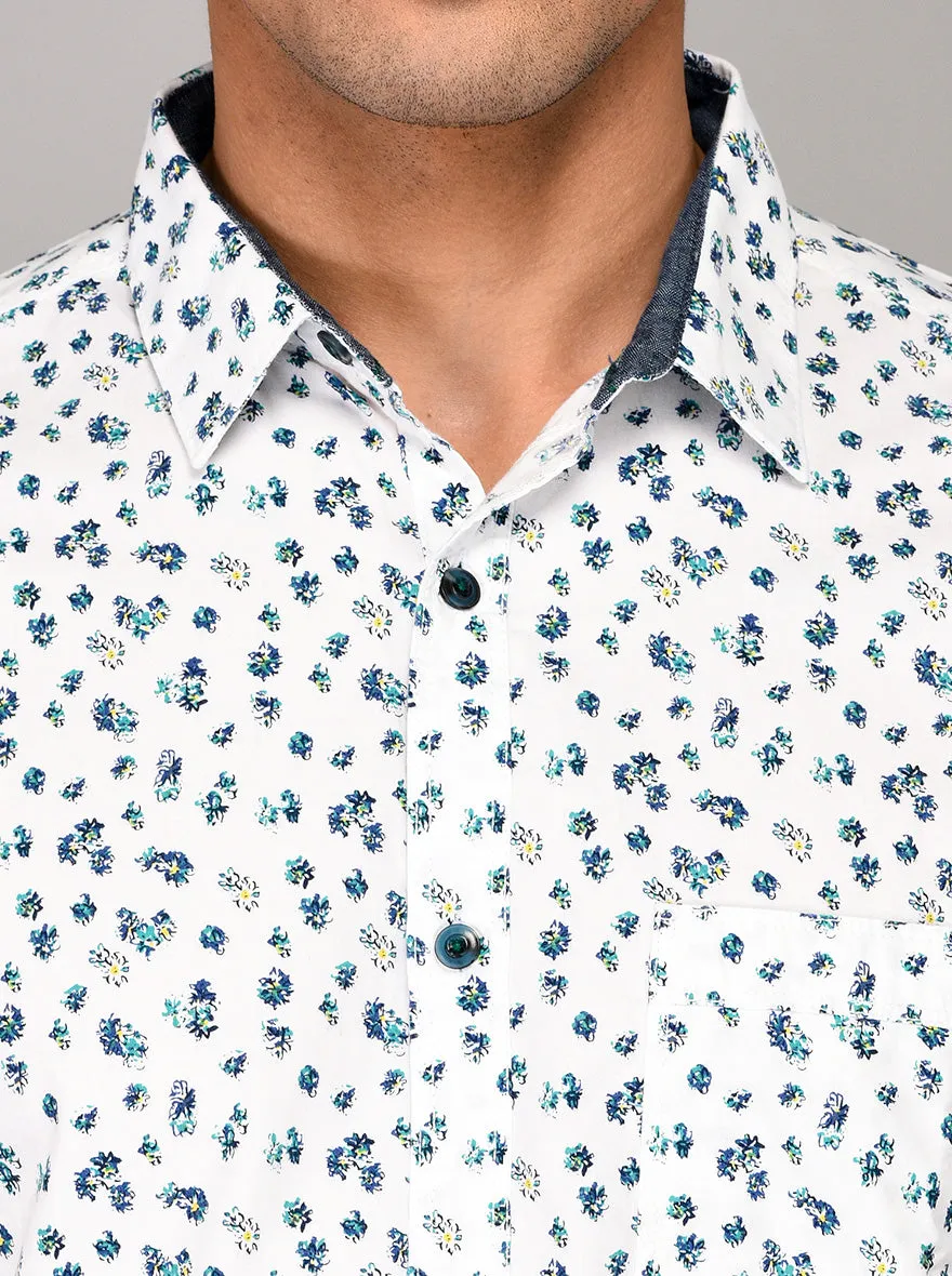 JadeBlue White & Blue Printed Slim Fit Casual Shirt | JadeBlue
