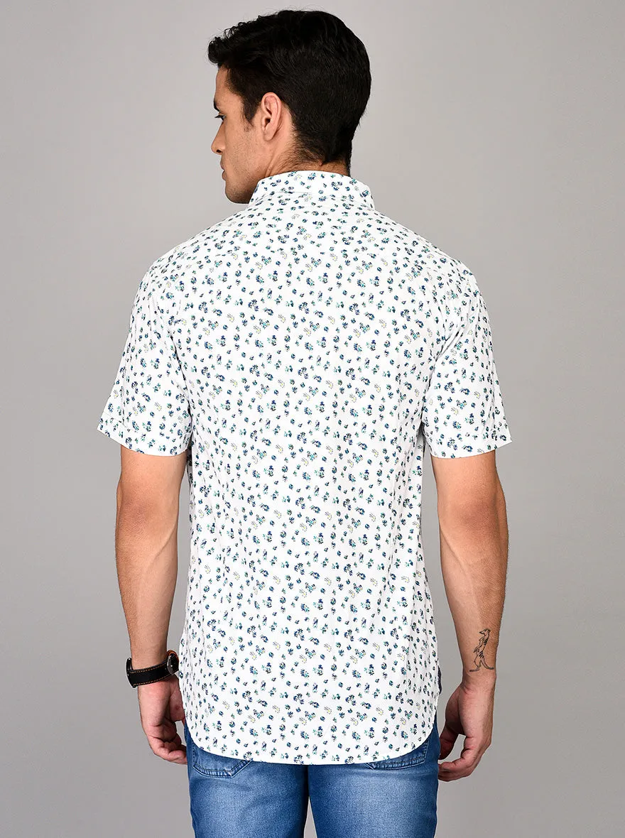 JadeBlue White & Blue Printed Slim Fit Casual Shirt | JadeBlue