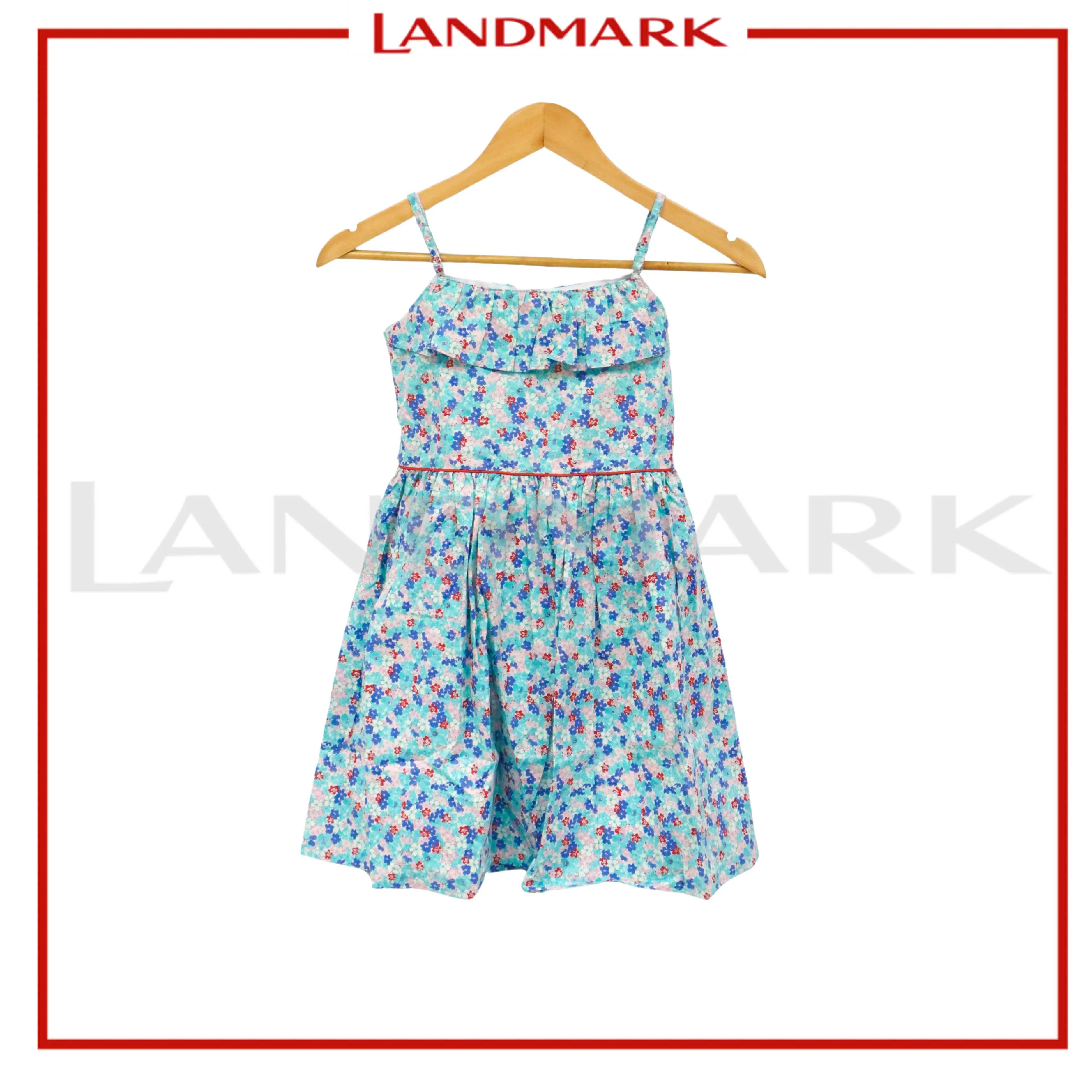 Kidscapade P. Square Neck with Ruffles Dress with Adjustable Strap and Floral Print - Aqua Blue
