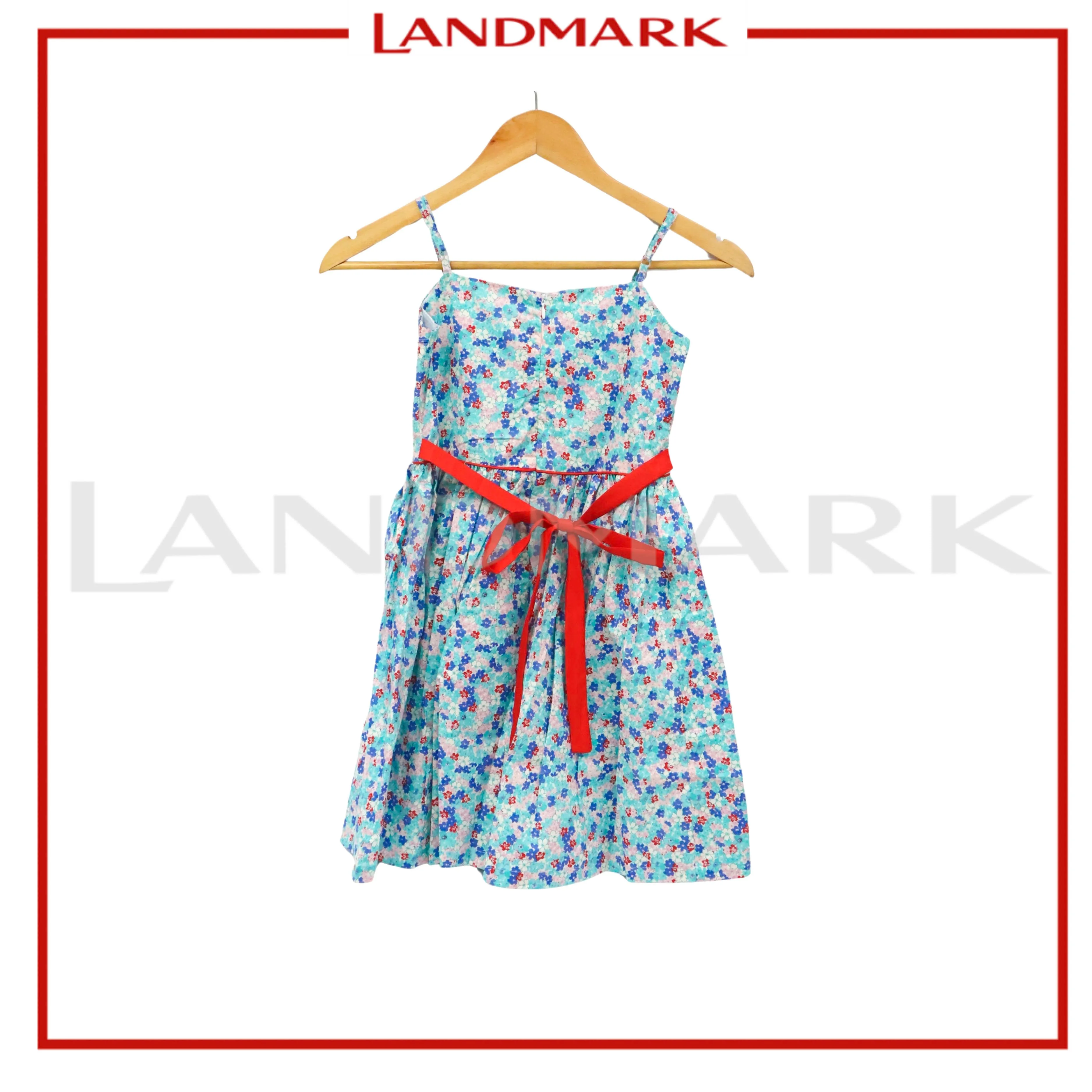 Kidscapade P. Square Neck with Ruffles Dress with Adjustable Strap and Floral Print - Aqua Blue